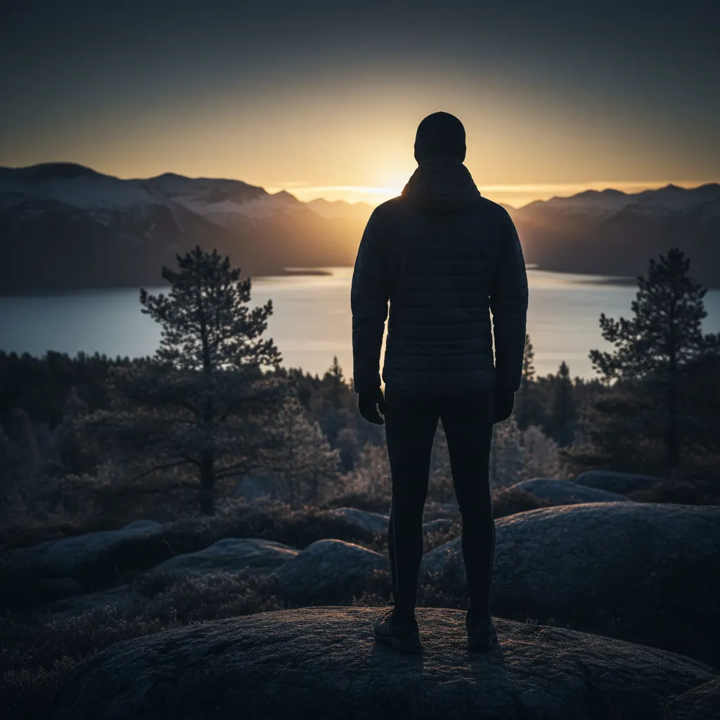 Aktiv man i profil vid nordisk naturmiljö - daglig hälsorutin för män