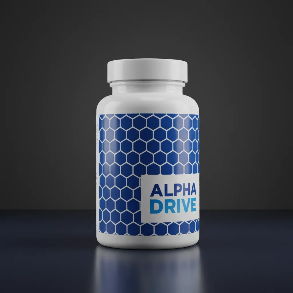 Alpha Drive vit supplement burk i tre-kvarts vinkel på mörk bakgrund